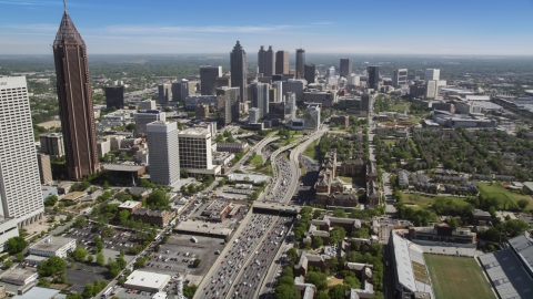 AX37_074.0000011F - Aerial stock photo of Heavy traffic on Downtown Connector, Midtown Atlanta, Georgia