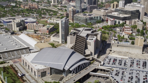 AX37_077.0000055F - Aerial stock photo of Philips Arena and CNN Center, Downtown Atlanta, Georgia
