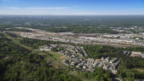 AX38_004.0000246F - Aerial stock photo of Train yard, Atlanta, Georgia