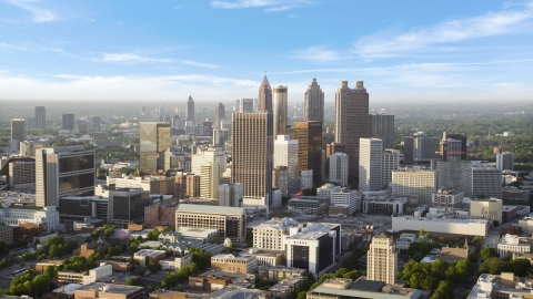 AX39_044.0000008F - Aerial stock photo of Downtown skyscrapers on a hazy day, Atlanta, Georgia