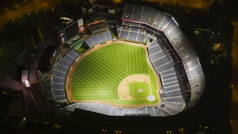 AX41_004.0000298F - Aerial stock photo of Empty Turner Field baseball stadium at night, Atlanta, Georgia