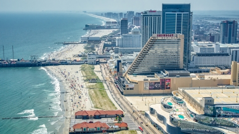 AXP071_000_0020F - Aerial stock photo of Steel Pier and Showboat Atlantic City by the beach, New Jersey