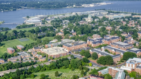 AXP073_000_0005F - Aerial stock photo of State government buildings and the United States Naval Academy, Annapolis, Maryland