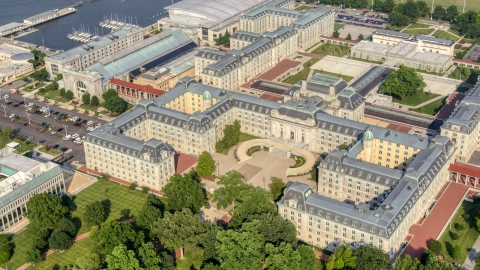 AXP073_000_0006F - Aerial stock photo of Bancroft Hall and Tecumseh Court at US Naval Academy, Annapolis, Maryland