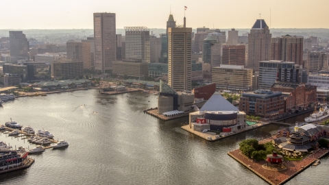 AXP073_000_0010F - Aerial stock photo of Harborplace and Downtown Baltimore skyscrapers, Maryland