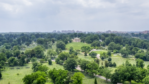 AXP074_000_0012F - Aerial stock photo of Rows of grave stones and Arlington House at Arlington National Cemetery, Washington DC