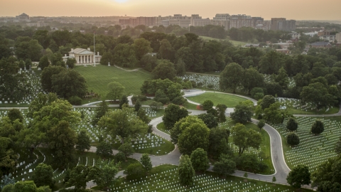 AXP076_000_0021F - Aerial stock photo of Arlington House and John F. Kennedy Gravesite at Arlington National Cemetery, Virginia, twilight