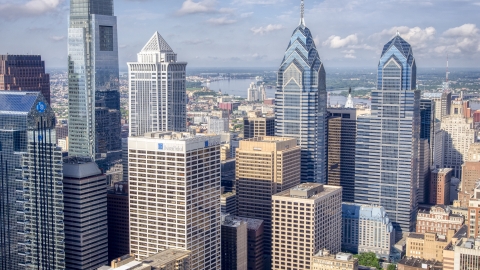 AXP079_000_0009F - Aerial stock photo of Downtown Philadelphia's tallest towers, Pennsylvania