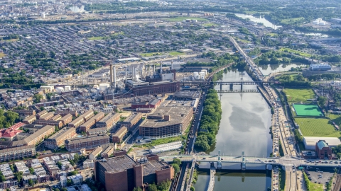 AXP079_000_0014F - Aerial stock photo of The Veolia Energy power plant next to the Schuylkill River Philadelphia, Pennsylvania