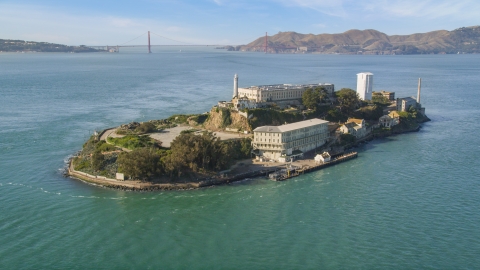 DCSF05_071.0000399 - Aerial stock photo of World famous Alcatraz and Golden Gate Bridge, San Francisco, California
