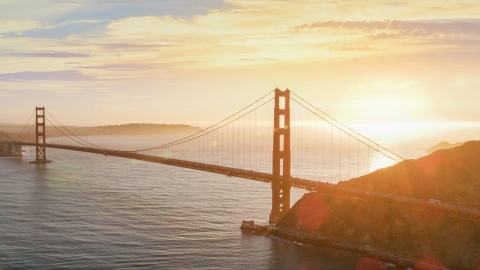 DCSF07_043.0000094 - Aerial stock photo of The Golden Gate Bridge at sunset in San Francisco, California