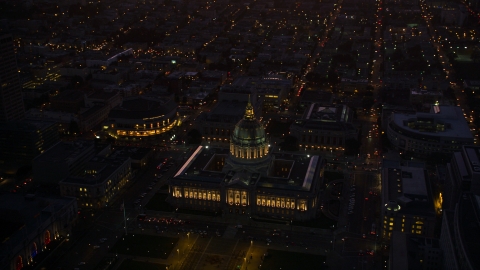 DCSF07_091.0000317 - Aerial stock photo of San Francisco City Hall in Civic Center at night, San Francisco, California