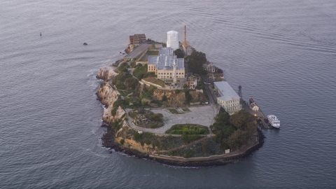 DCSF10_022.0000192 - Aerial stock photo of Alcatraz Island prison at sunset in San Francisco, California