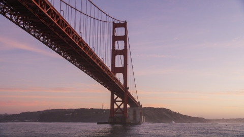 DCSF10_035.0000000 - Aerial stock photo of A Golden Gate Bridge tower in San Francisco, California, twilight