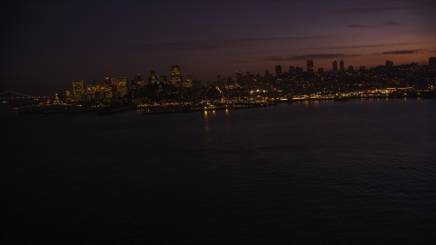 DCSF10_060.0000000 - Aerial stock photo of Pier 39 and skyline of Downtown San Francisco, California, twilight