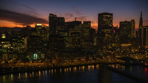 DCSF10_063.0000016 - Aerial stock photo of The city's downtown skyline at twilight in Downtown San Francisco, California