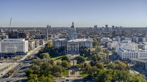 DXP001_000145 - Aerial stock photo of The Colorado State Capitol viewed from Civic Center Park in Downtown Denver, Colorado