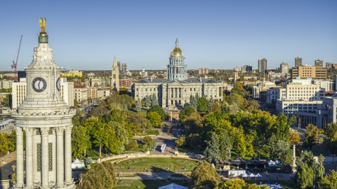 DXP001_000178 - Aerial stock photo of The Colorado State Capitol and Civic Center Park seen from city council clock tower, Downtown Denver, Colorado