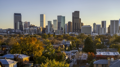 DXP001_000179 - Aerial stock photo of Wide view of city's skyline seen from tree-lined residential neighborhood at sunset, Downtown Denver, Colorado