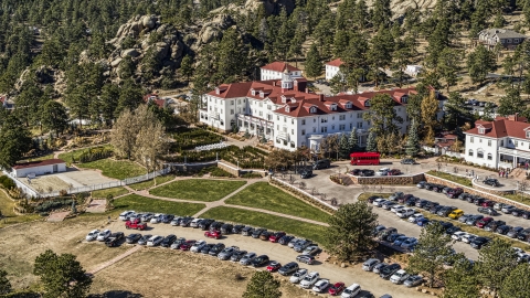 DXP001_000209 - Aerial stock photo of The historic Stanley Hotel and grounds in Estes Park, Colorado