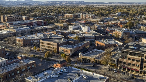 DXP001_000246 - Aerial stock photo of A view across town at brick office buildings and shops in Fort Collins, Colorado