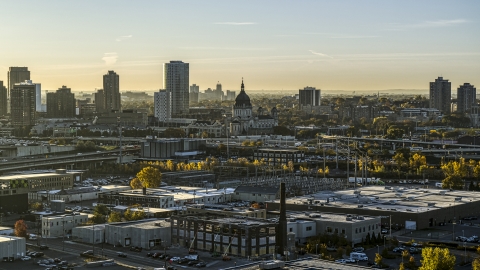 DXP001_000273 - Aerial stock photo of A view of the cathedral dome at sunrise in Downtown Minneapolis, Minnesota