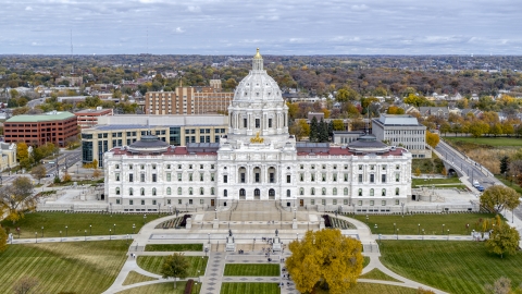 DXP001_000378 - Aerial stock photo of The Minnesota State Capitol and visitors on the front steps, seen from the park in Saint Paul, Minnesota