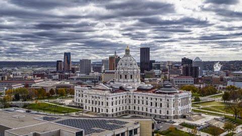 DXP001_000390 - Aerial stock photo of The Minnesota State Capitol building with the city skyline behind it, Saint Paul, Minnesota
