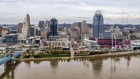 DXP001_000451 - Aerial stock photo of The city's skyline and baseball stadium by the Ohio River, Downtown Cincinnati, Ohio