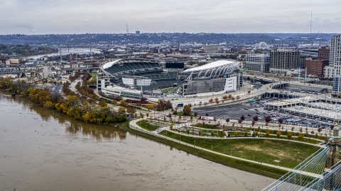 DXP001_000458 - Aerial stock photo of Paul Brown Stadium football field seen from Ohio River in Downtown Cincinnati, Ohio