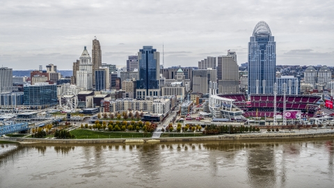 DXP001_000475 - Aerial stock photo of City's skyline and the baseball stadium seen from the Ohio River, Downtown Cincinnati, Ohio
