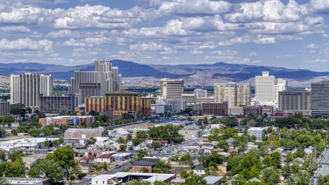 DXP001_004_0009 - Aerial stock photo of A view of a group of hotels and casino resorts in Reno, Nevada