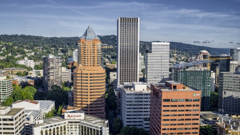 DXP001_011_0004 - Aerial stock photo of KOIN Center and Wells Fargo Center skyscrapers, Downtown Portland, Oregon