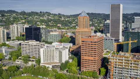 DXP001_011_0006 - Aerial stock photo of Hotel by office buildings and tall skyscrapers in Downtown Portland, Oregon