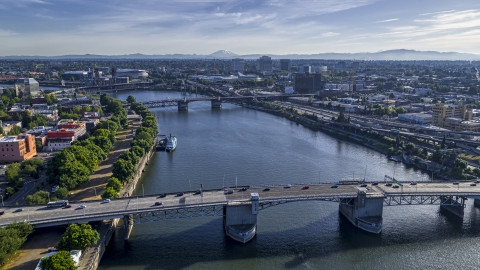 DXP001_011_0011 - Aerial stock photo of The Morrison Bridge and the Willamette River, Downtown Portland, Oregon