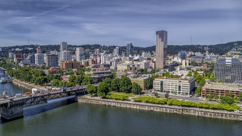 DXP001_012_0004 - Aerial stock photo of City buildings across the Willamette River in Downtown Portland, Oregon