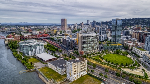 DXP001_013_0005 - Aerial stock photo of Waterfront condominiums by the Willamette River in the Pearl District, Northwest Portland, Oregon
