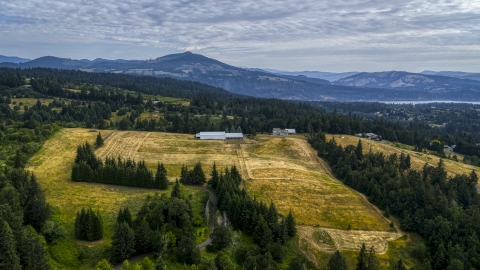 DXP001_015_0010 - Aerial stock photo of A farm and fields in Hood River, Oregon