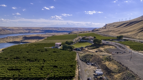 DXP001_018_0010 - Aerial stock photo of Wide view of Maryhill Winery and vineyards beside the Columbia River in Goldendale, Washington