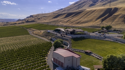 DXP001_018_0017 - Aerial stock photo of The Maryhill Winery seen from the amphitheater in Goldendale, Washington