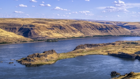 DXP001_018_0027 - Aerial stock photo of Miller Island and the Columbia River in Goldendale, Washington