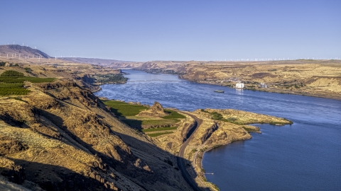 DXP001_019_0002 - Aerial stock photo of A wide view of the Columbia River in Goldendale, Washington