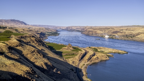 DXP001_019_0003 - Aerial stock photo of The Columbia River seen from steep cliffs in Goldendale, Washington