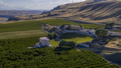 DXP001_019_0008 - Aerial stock photo of The Maryhill Winery, stage and amphitheater in Goldendale, Washington