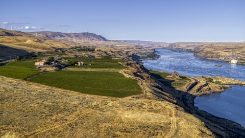 DXP001_019_0011 - Aerial stock photo of The Maryhill Winery overlooking the Columbia River in Goldendale, Washington