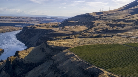 DXP001_019_0025 - Aerial stock photo of The Lewis and Clark Highway seen from Maryhill Winery in Goldendale, Washington