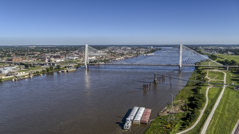DXP001_023_0005 - Aerial stock photo of A cable-stayed bridge spanning a river, St. Louis, Missouri
