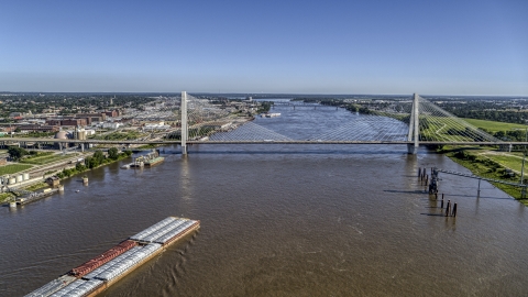 DXP001_023_0007 - Aerial stock photo of A cable-stayed bridge spanning the Mississippi River in St. Louis, Missouri