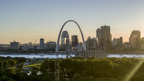 DXP001_028_0002 - Aerial stock photo of The Gateway Arch at sunset in Downtown St. Louis, Missouri