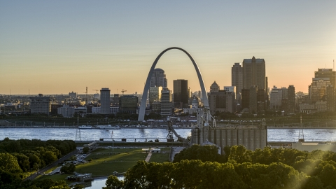 DXP001_028_0003 - Aerial stock photo of The famous Gateway Arch at sunset in Downtown St. Louis, Missouri